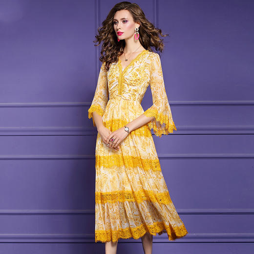 FMY-F20CL30797夏款气质喇叭袖V领修身桑蚕丝真丝连衣裙 商品图0