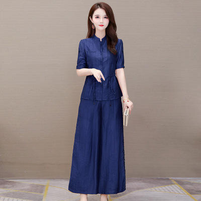 WE-20B5061阔太太气质天丝新款修身短袖衬衫阔腿裤两件套 商品图2