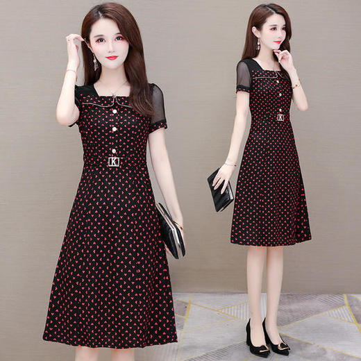 YWE-CC21C波点修身显瘦短袖气质减龄连衣裙 商品图0