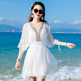 JB-9923波西米亚高腰五分袖真丝连衣裙