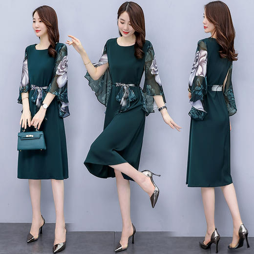 WZNH-ZYQ6090 配腰带  短袖中长款圆领优雅潮流连衣裙 商品图4