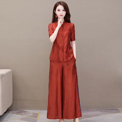 WE-20B5061阔太太气质天丝新款修身短袖衬衫阔腿裤两件套 商品图0