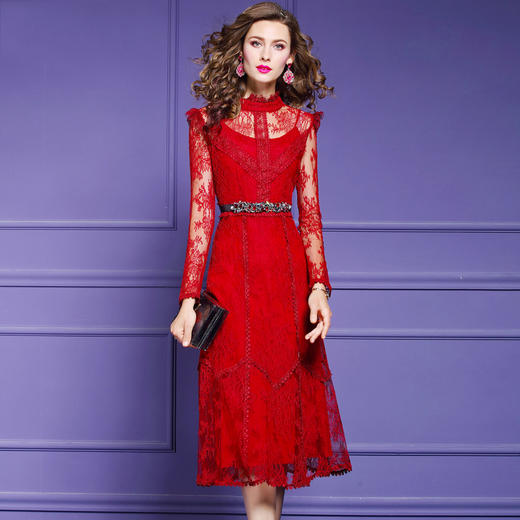 FMY-F20CL30378夏新款轻熟气质显瘦修身超仙过膝蕾丝连衣裙 商品图1