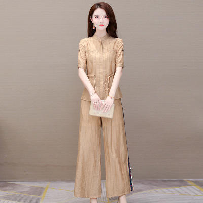 WE-20B5061阔太太气质天丝新款修身短袖衬衫阔腿裤两件套 商品图1