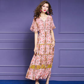 FMY-F20XL30761夏年轻款减龄显瘦V领桑蚕丝印花真丝连衣裙