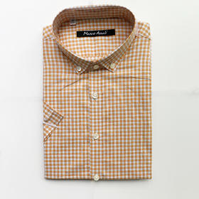 Marco Azzali 橙白格棉麻混纺短袖衬衫 C3853800