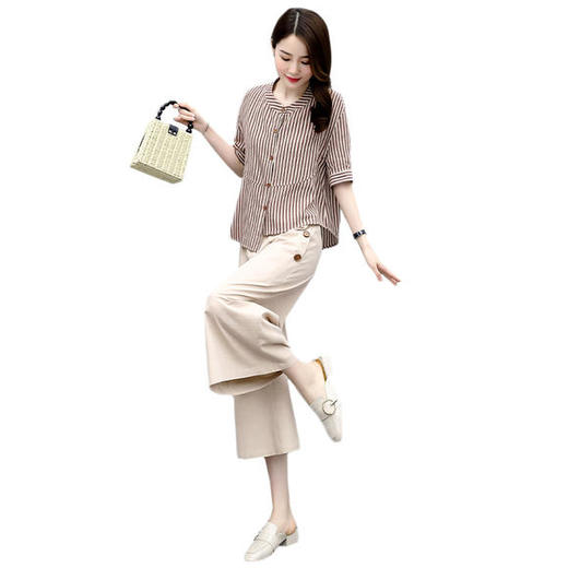 HRFS-WG29089新款复古文艺圆领不规则棉麻条纹上衣阔腿裤两件套 商品图4