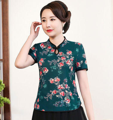 yx2028妈妈夏装短袖旗袍上衣洋气4050岁中年女t恤中老年人唐装小衫