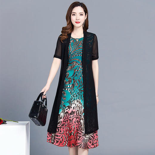 YWE-Z9288气质大码印花连衣裙两件套装 商品图1