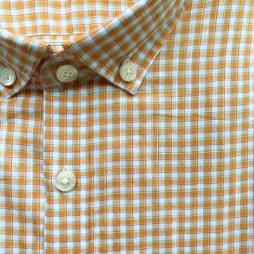 Marco Azzali 橙白格棉麻混纺短袖衬衫 C3853800 商品图1