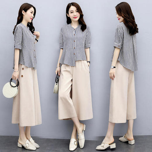HRFS-WG29089新款复古文艺圆领不规则棉麻条纹上衣阔腿裤两件套 商品图3