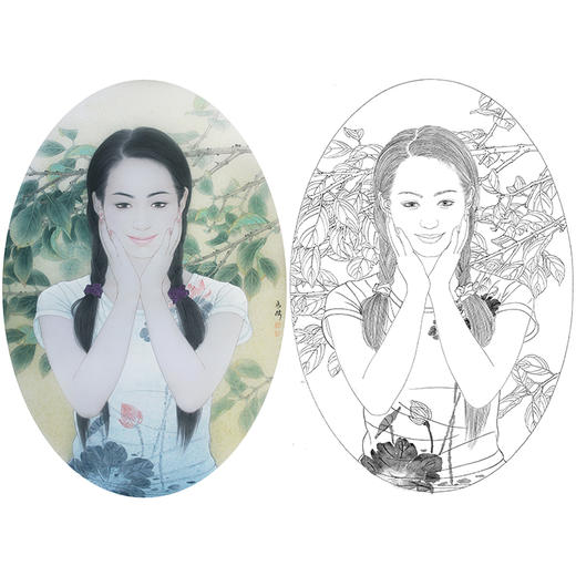 盘虎杰 现代人物工笔画白描底稿《娇荷浮琬琰》-多种白描尺寸可选-hj