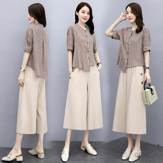 HRFS-WG29089新款复古文艺圆领不规则棉麻条纹上衣阔腿裤两件套 商品图2