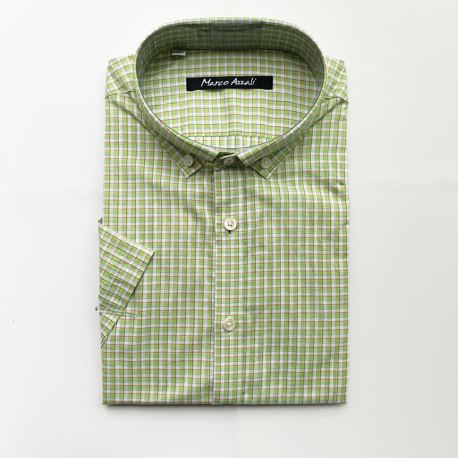Marco Azzali 绿白格棉麻混纺短袖衬衫 C3853700