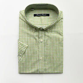 Marco Azzali 绿白格棉麻混纺短袖衬衫 C3853700