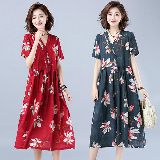 HT-8211新款民族风宽松棉麻压褶短袖印花连衣裙 商品图1