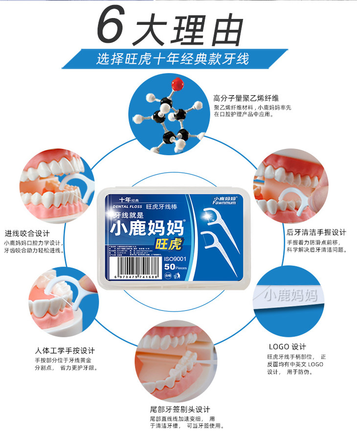 央视推荐 陈龙代言 牙线棒小鹿妈妈经典超细旺虎牙线棒盒装家庭装便携牙签线盒随身剔牙线棒牙齿口腔清洁神器