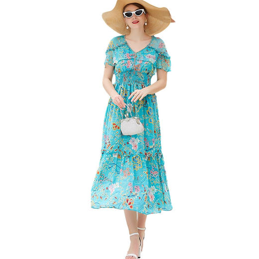 NSBD-FH0532夏新款优雅时尚套头飞飞袖轻薄飘逸印花真丝连衣裙 商品图4