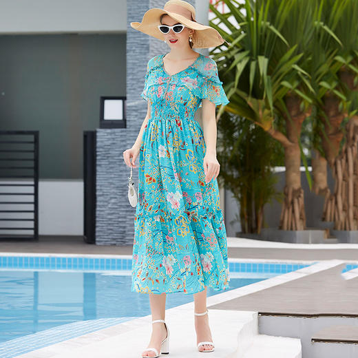 NSBD-FH0532夏新款优雅时尚套头飞飞袖轻薄飘逸印花真丝连衣裙 商品图2