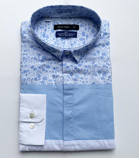 Marco Azzali 浅蓝三色拼接长袖衬衫 C3604600