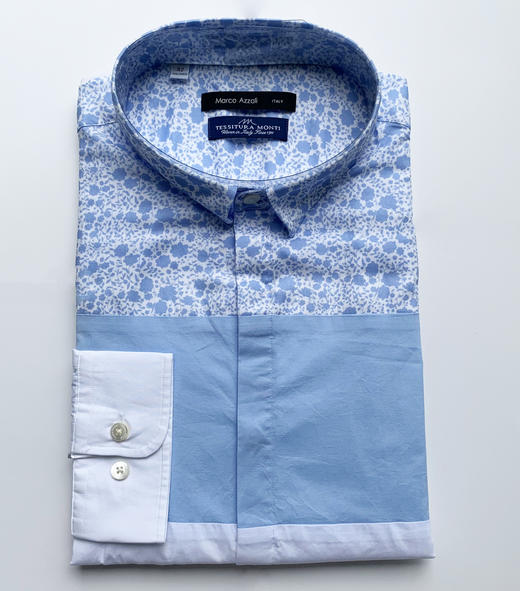 Marco Azzali 浅蓝三色拼接长袖衬衫 C3604600 商品图0