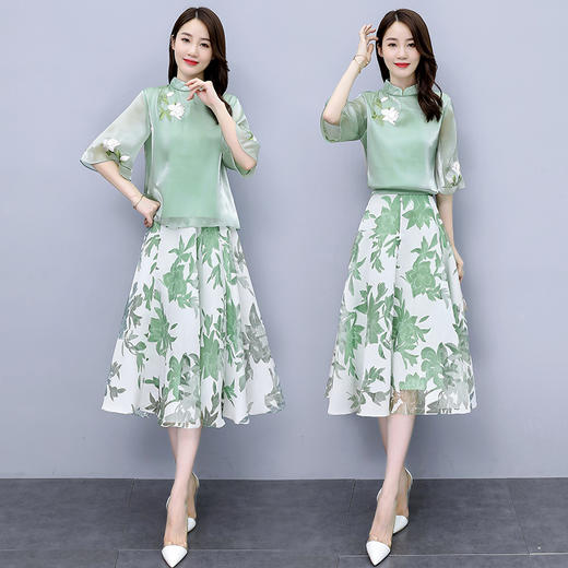 XYFS-HRYZ7094新款中国风优雅气质印花立领上衣半身裙两件套TZF 商品图2