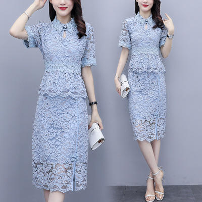 HT-8762 2020年新款改良旗袍蕾丝短袖套装裙子 商品图0