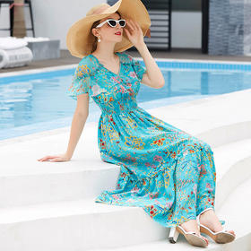 NSBD-FH0532夏新款优雅时尚套头飞飞袖轻薄飘逸印花真丝连衣裙