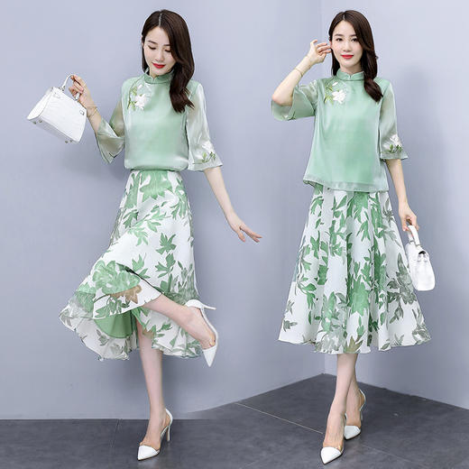 XYFS-HRYZ7094新款中国风优雅气质印花立领上衣半身裙两件套TZF 商品图1