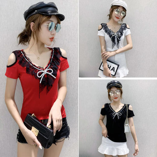 YHSS-32435新款潮流时尚气质V领短袖露肩百搭衬衫 商品图1