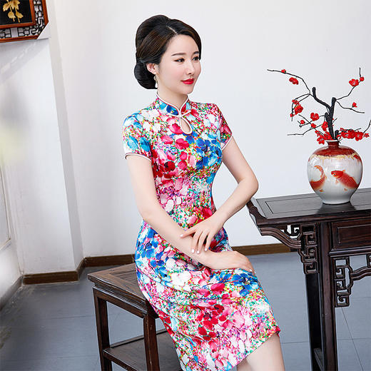 AA-9690夏新品A字真丝旗袍裙中国风时尚修身中式礼服 商品图1