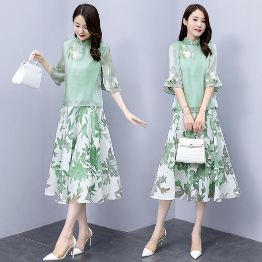 XYFS-HRYZ7094新款中国风优雅气质印花立领上衣半身裙两件套TZF 商品图0