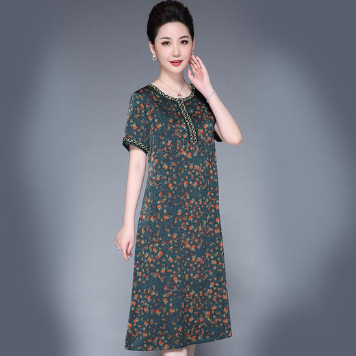 XA-8m6919纯色夏新款宽松印花圆领中长款短袖连衣裙 商品图1