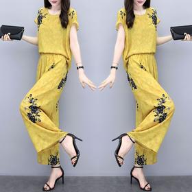 YL-03b3658755夏季大码短袖印花休闲时尚阔腿裤套装