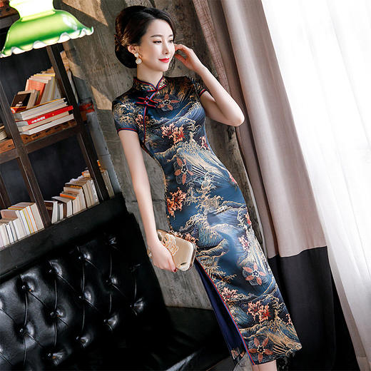 AA-9598新品中式桑蚕丝日常修身旗袍长款优雅短袖礼服 商品图1