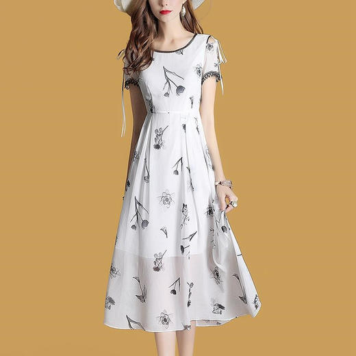 XLCX-9126印花新款短袖收腰显瘦气质修身雪纺连衣裙 商品图1