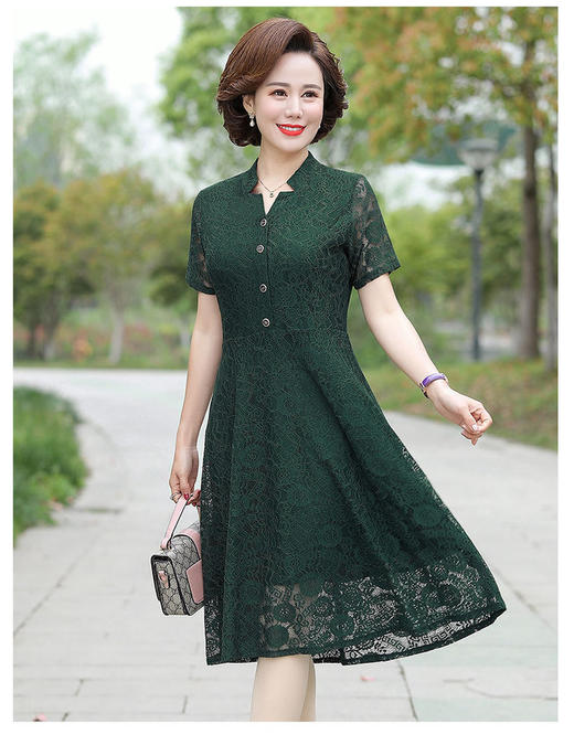 JXG-中年妈妈夏装短袖中长款网纱蕾丝纯色弹力修身裙 商品图0
