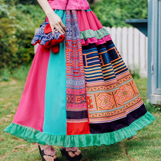 花制作/梦织/原创民族风刺绣雪纺半身裙复古半裙绣花薄款拼接苗裙