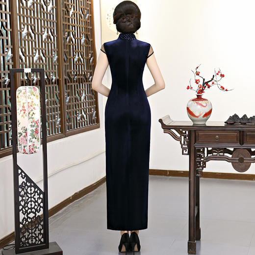 AA-9002新品金丝绒旗袍长款刺绣网纱性感立领旗袍礼服 商品图3