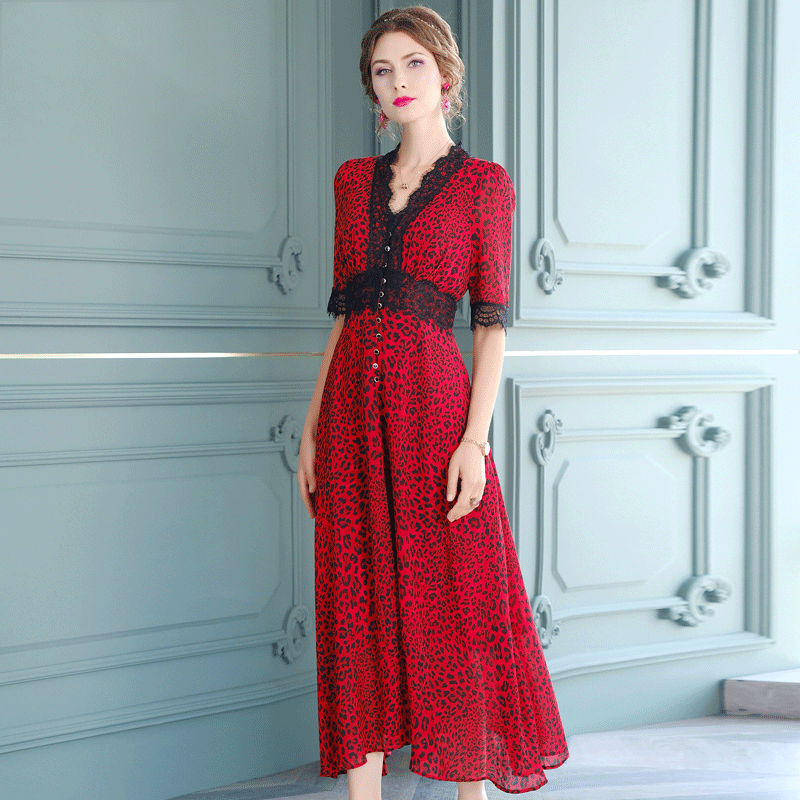 FMY-F20XL30890夏装新款复古V领收腰蕾丝豹纹印花连衣裙