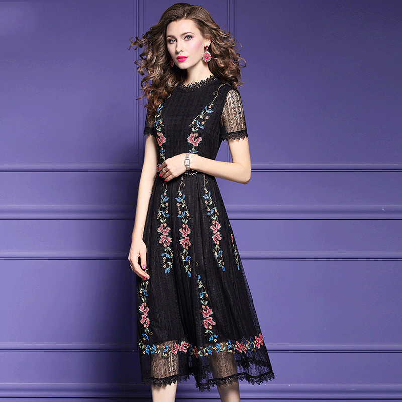 FMY-F20XL30033夏季复古气质优雅收腰绣花黑色蕾丝连衣裙
