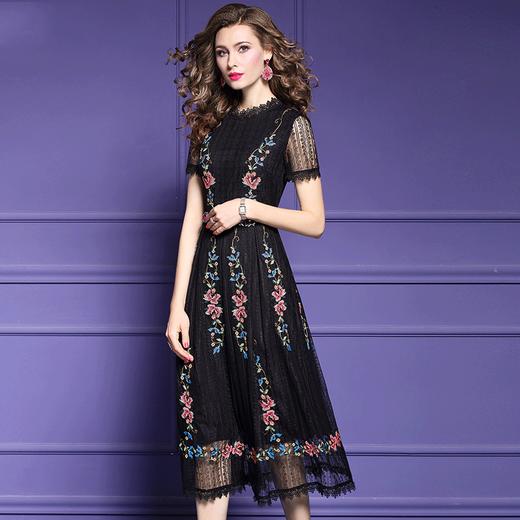FMY-F20XL30033夏季复古气质优雅收腰绣花黑色蕾丝连衣裙 商品图0