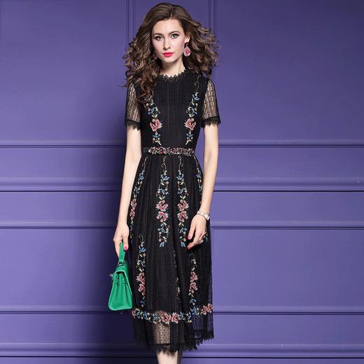 FMY-F20XL30033夏季复古气质优雅收腰绣花黑色蕾丝连衣裙 商品图1