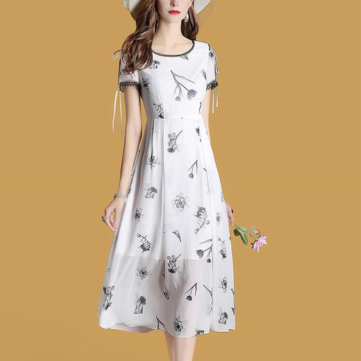 XLCX-9126印花新款短袖收腰显瘦气质修身雪纺连衣裙 商品图0