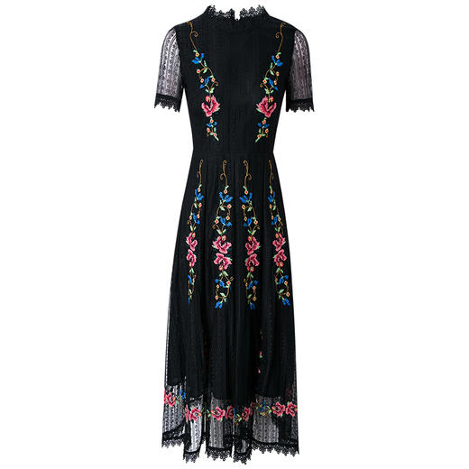 FMY-F20XL30033夏季复古气质优雅收腰绣花黑色蕾丝连衣裙 商品图3