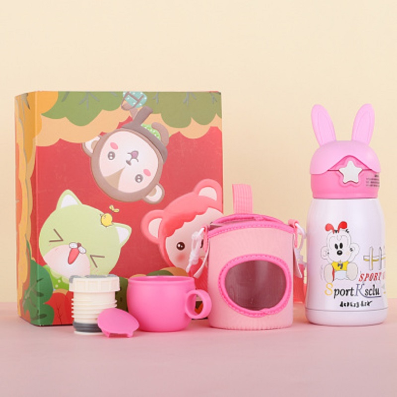 贝美优佳小兔保温杯1-663双层儿童保温吸管水杯带杯套两用 350ml 三色均发JPY带授权招加盟代理