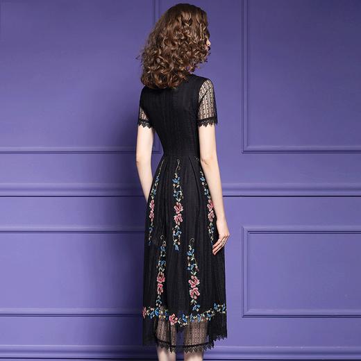 FMY-F20XL30033夏季复古气质优雅收腰绣花黑色蕾丝连衣裙 商品图2