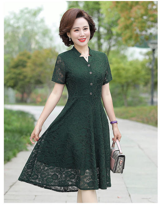 JXG-中年妈妈夏装短袖中长款网纱蕾丝纯色弹力修身裙 商品图2