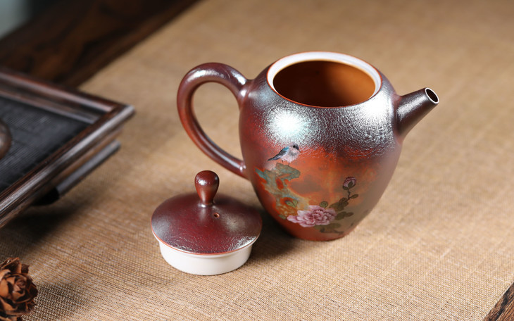 《胜濯锦》金色柴烧花鸟壶 - 柴房商城