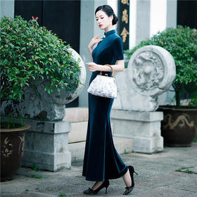 SKY-184098改良加长版140丝绒长款鱼尾旗袍裙